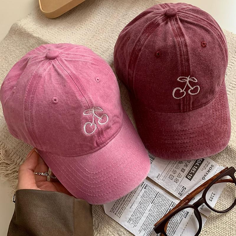 Cherry Embroidery Baseball Hat For Women Girl Long Brim Snapback Duck Tongue Hats Soft Washed Cotton Outdoor Visors Peaked Cap
