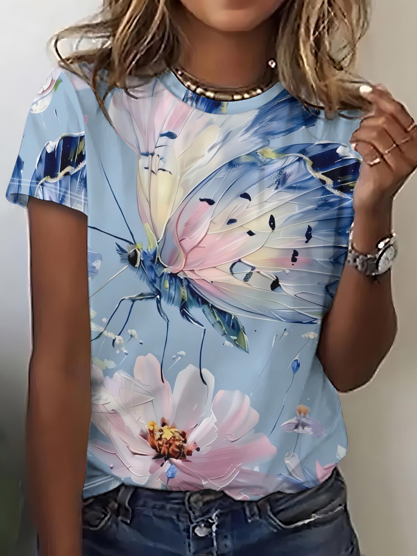 

Summer Women S Short-Sleeve T-Shirt Featuring a Dreamy Print of Pink-Blue Butterflies And Delicate Flowers on a Light Blue Background. Made of. Machin S дубильная кора