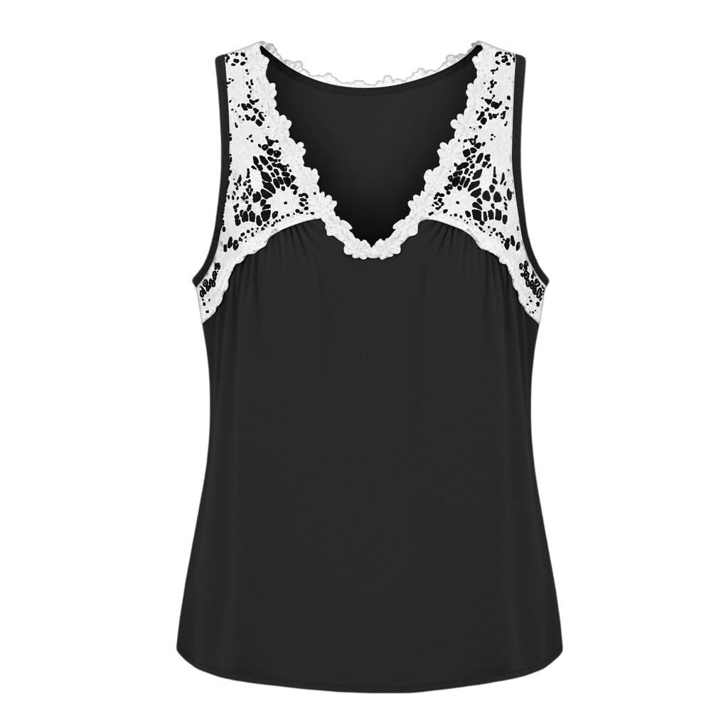 Haut sans manches en dentelle patchwork à col en V pour femme, chemisier décontracté à coupe ample, tissu léger et doux, chemise d'été pour un usage quotidien