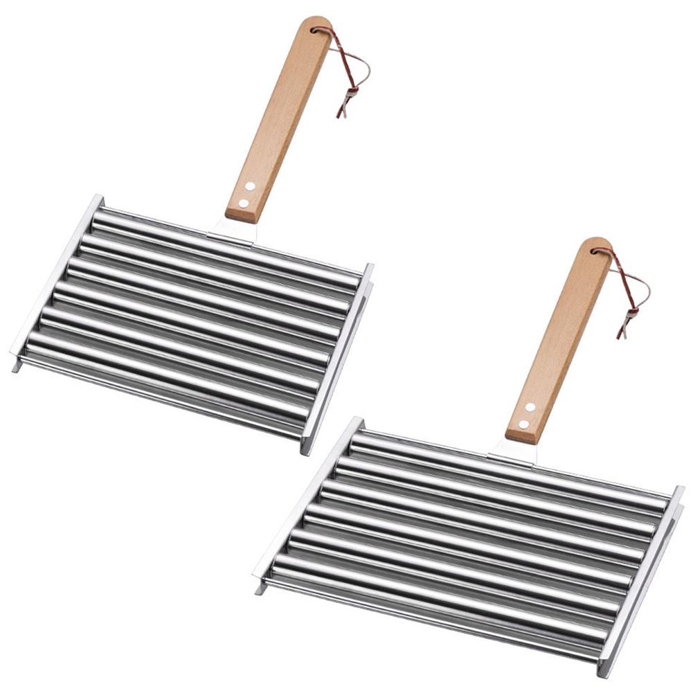 Stainless Steel Hot Dog Roller with Long Wood Handle Sausage Roller Rack BBQ Griller for Outdoor Cooking Barbecue