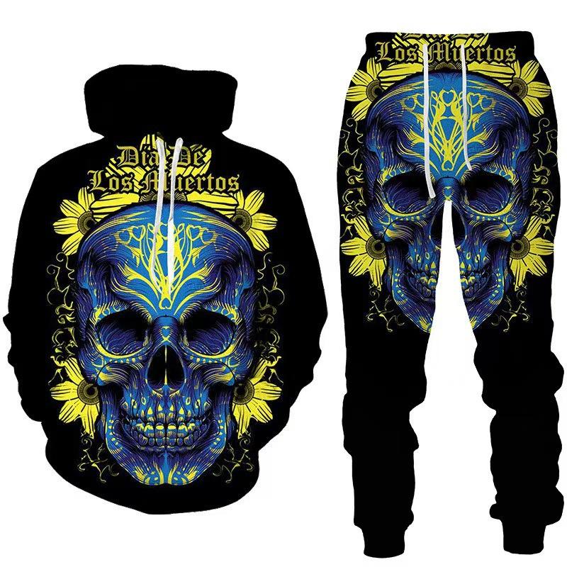 Hot Sale, Stylish 3D Skull Print Punk Sportswear, Pants Hoodie Couple Suit Street Trend
