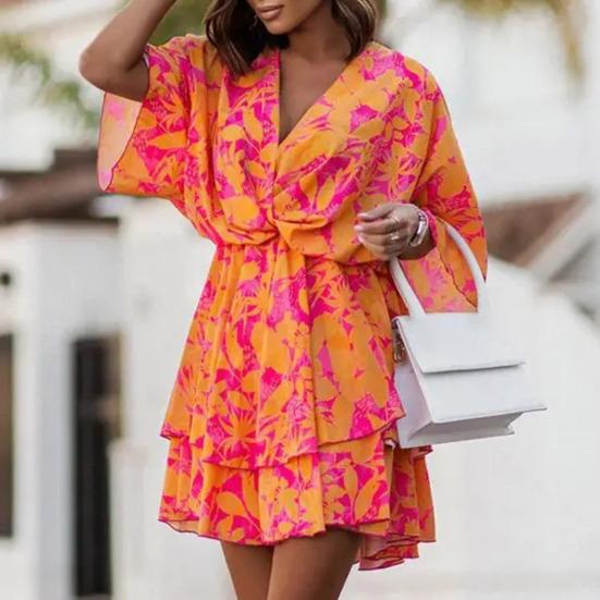 V-Neck Batwing Sleeve Layer Ruffle Hem Holiday Dress Summer Casual Waist Drawstring Coconut Leaves Print Mini Dress Female Clothes