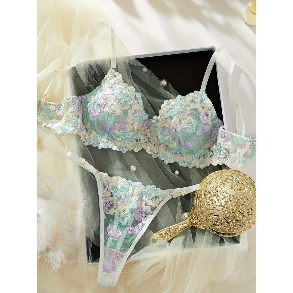 Floral Lace Lingerie Set, Push Up Bra & Thong, Women's Sexy Lingerie & Underwear