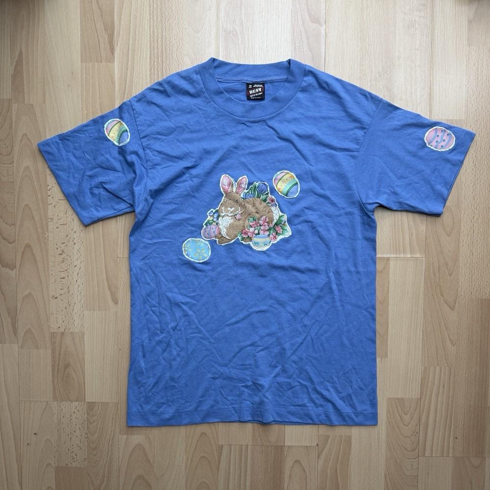 

Vintage 90s Easter Bunny Single Stitch Graphic Blue Easter TShirt Unisex T-Shirt L