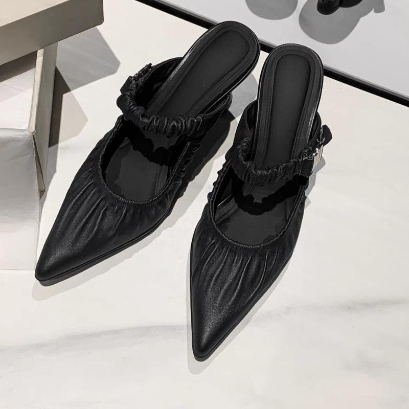 Fashion Pleated Pointed Toe Cool Mopping Summer New Baotou Shallow Mouth Metal Buckle One Slip Slip Stiletto High Heels