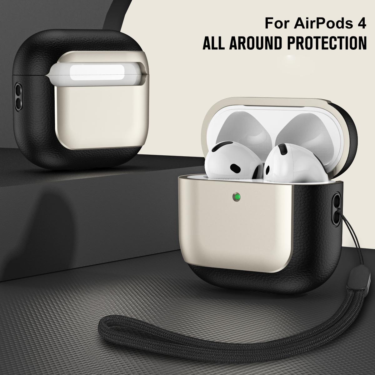 

For AirPods 4 with ANC TPU Case Electroplating Litchi Texture Fall Prevention Earphone Cover with Lanyard Black