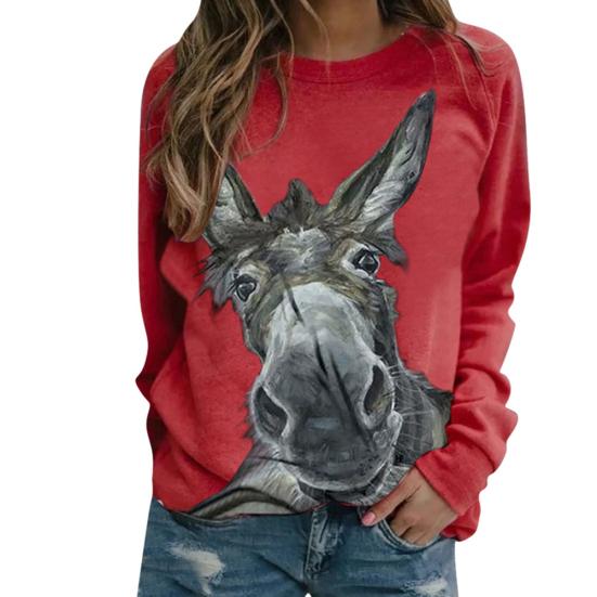 Damen Langarm Pullover Bluse Esel Print Lose Sweatshirt