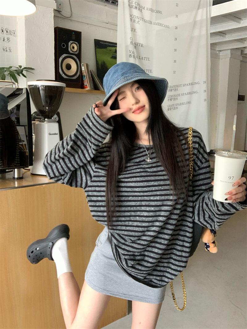

Полосатая футболка с длинным рукавом Осень Новая Корейский стиль Свободный Стиль средней длины Верхняя одежда Внутренний базовый Студенческий топ Модный 2XL