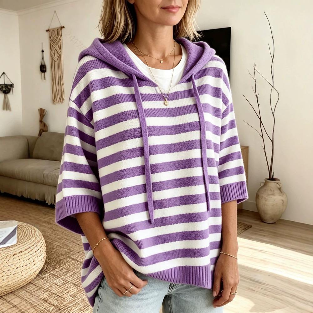 Women's New Hooded Drawstring Knit Sweatshirt Loose Long Sleeve Striped Pullover Sweater