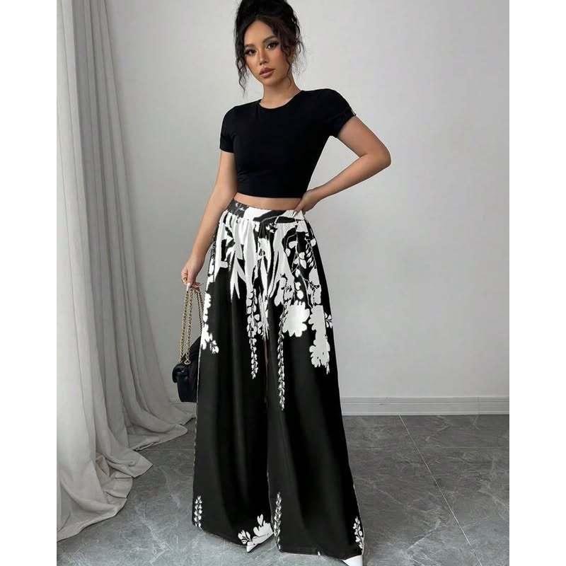 2026 Spring/Summer Women's Fashion Black and White Printed Slimming Casual Wide-Leg Pants