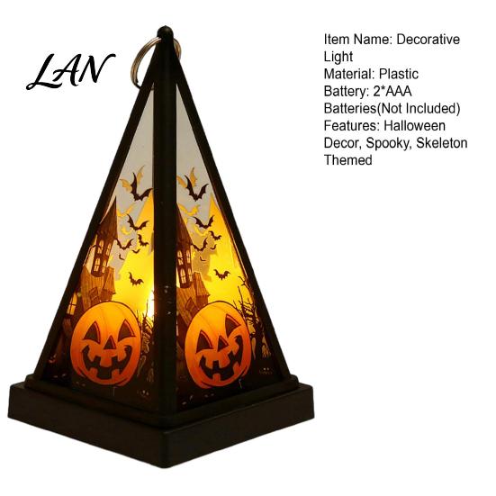 Vintage Style Table Lamp Halloween Lantern LED Candle, Spooky Pumpkin Witch Tabletop Decor with Retro Triangular Wind Metal Hanger, Electronic