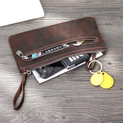 Retro Crazy Horse Leather Coin Purse Handmade Simple Men's Leather Zipper Car Key Buckle Women's Retro Hand Grab Bag Thin