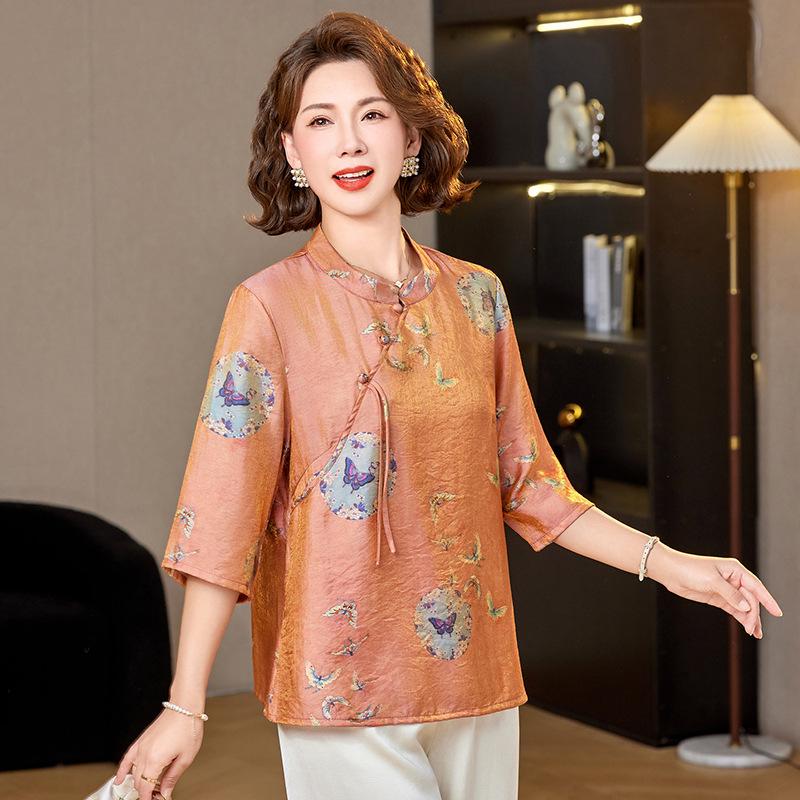 

New Chinese Style Seven-Sleeve Stand Collar Shirt for Mothers – Summer Loose Fit for Middle-Aged and Elderly Women 2XL (110-124 lbs) оранжевый/красный