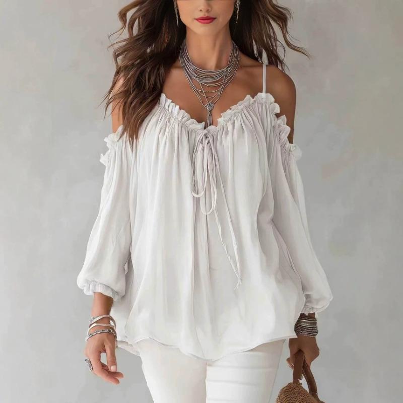Women S Long Sleeve Blouse Ruffled Collar Loose Fit Solid Color Bohemian Style Casual Top