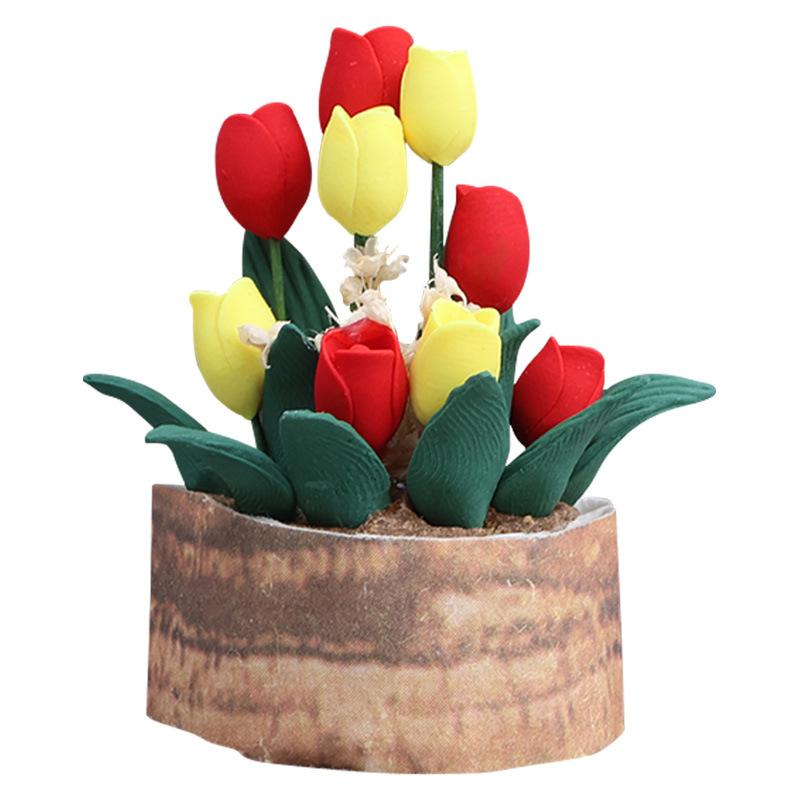 Miniature Dollhouse Tulip Potted Plant 2 Scale Decorative Flower Pot for DIY Kids Garden Scene