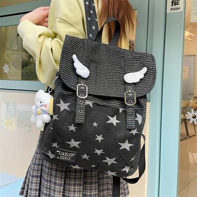 Vintage Star Striped Denim Backpack Student Class Book Bag