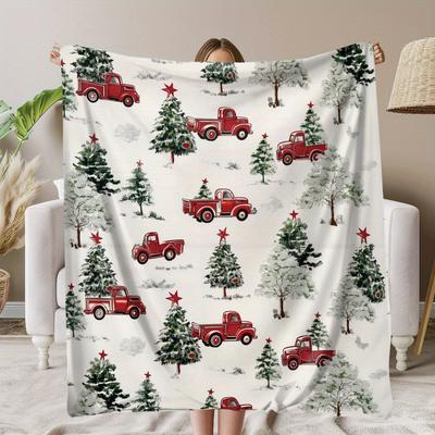 1Pcs Christmas Red Cars And Trees Printed Flannel Blanket Lightweight Soft Throw Soft All-Season Bedspread for Couch Camping Travel