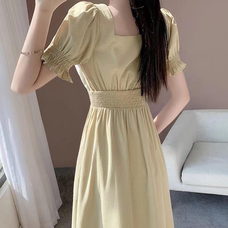 Korean Version Slim-fit Gentle Wind Square Neck Dress Women's Summer New French Design Bubble Sleeve Skirt