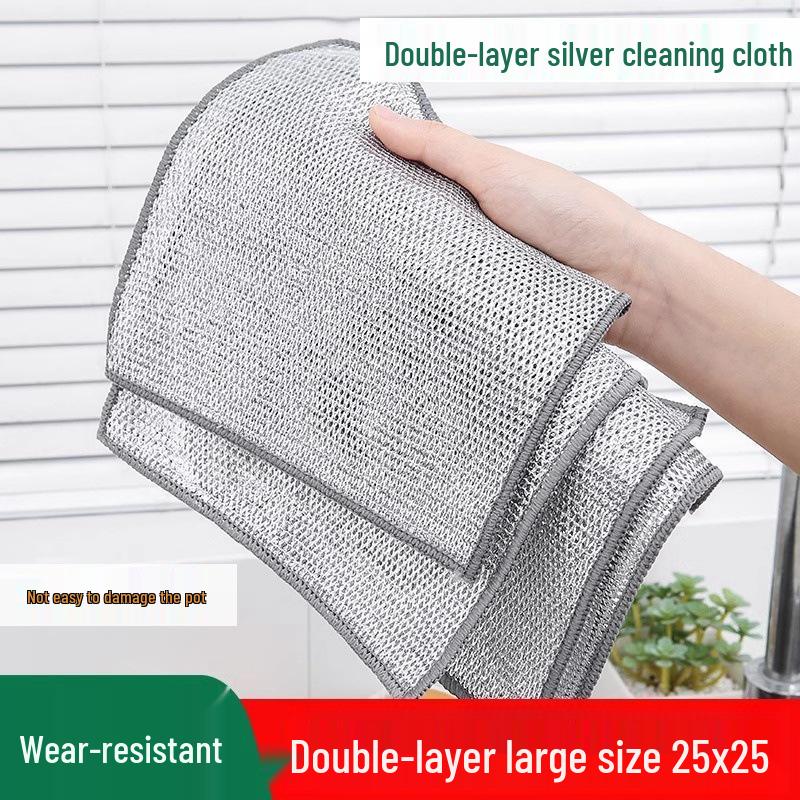 Silver Wire Double-Layer Dishcloth & Scouring Pad - Non-Stick Oil Resistant Kitchen Essential