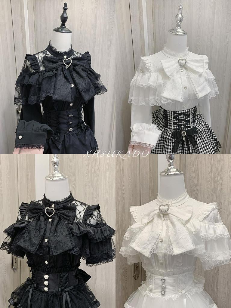 Open landmine lolita girly short XL [XHSUKADO] shoulder, style, blouse, women's, cute, stand-up collar, removable, ribbon, brooch, frills, lace,