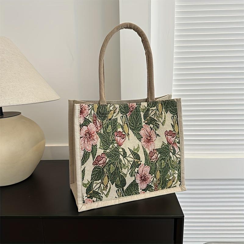 Simple and Fashionable Linen Flower Printing Handbag Women Fashion Commuter Shoulder Bags Tote Bag