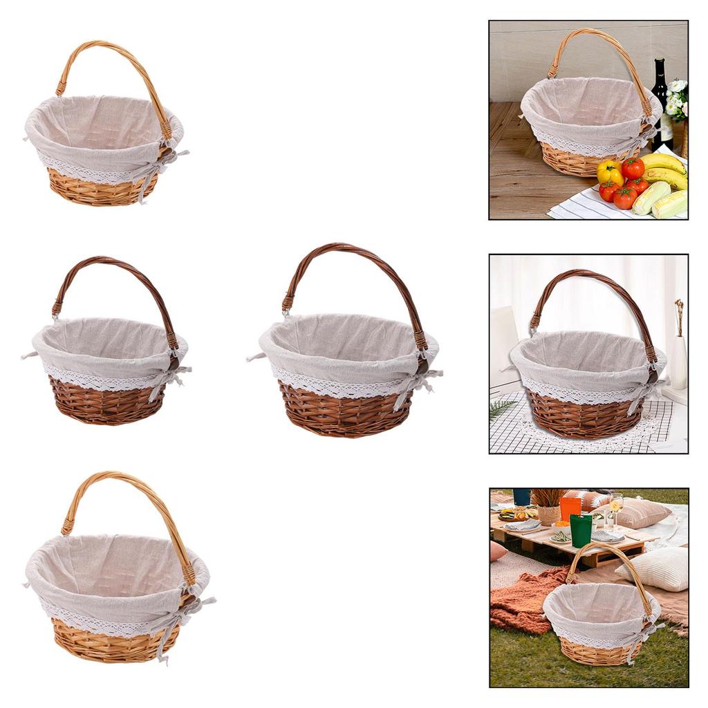 Classic Straw Basket Organizer Round Wicker Picnic Fruit Bin with Handle for Home Garden Holiday Display