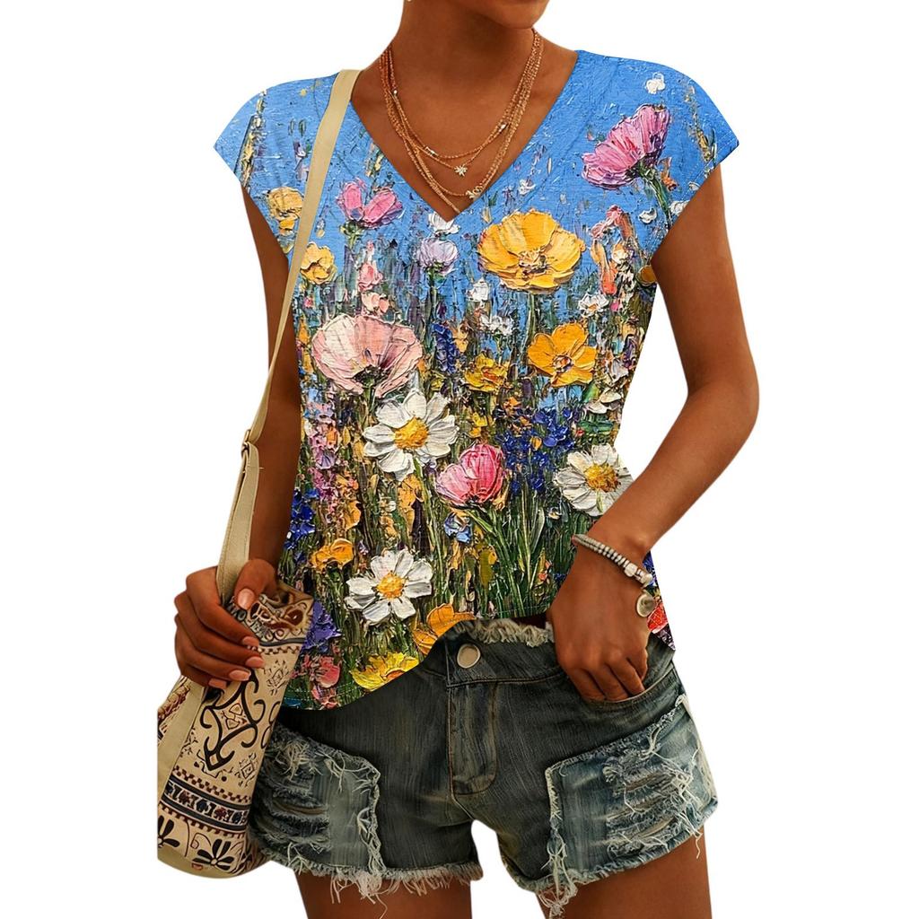 Women's Fashion V-neck Vintage Floral Print Short Sleeve Top