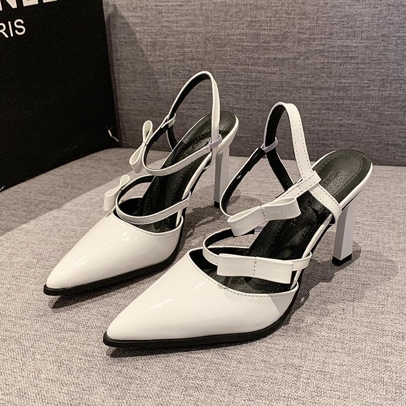 Chunxin Black High Heels Women's Leather Pointed Head Bag Head Thin Heel Bow Strap White Sandals