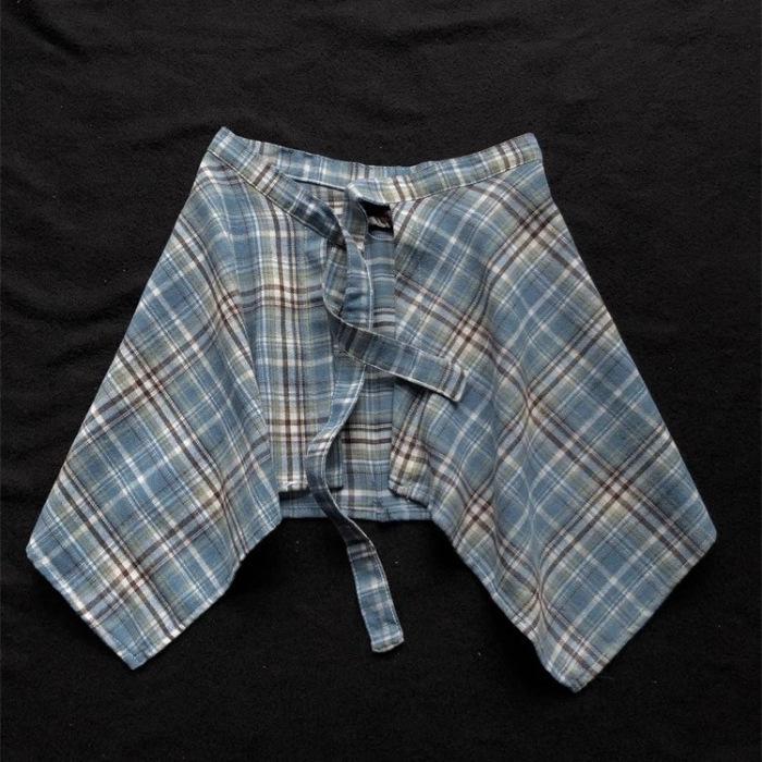 Unisex American Retro Plaid Layered Shirt with Irregular Hem and Tie Waist Design