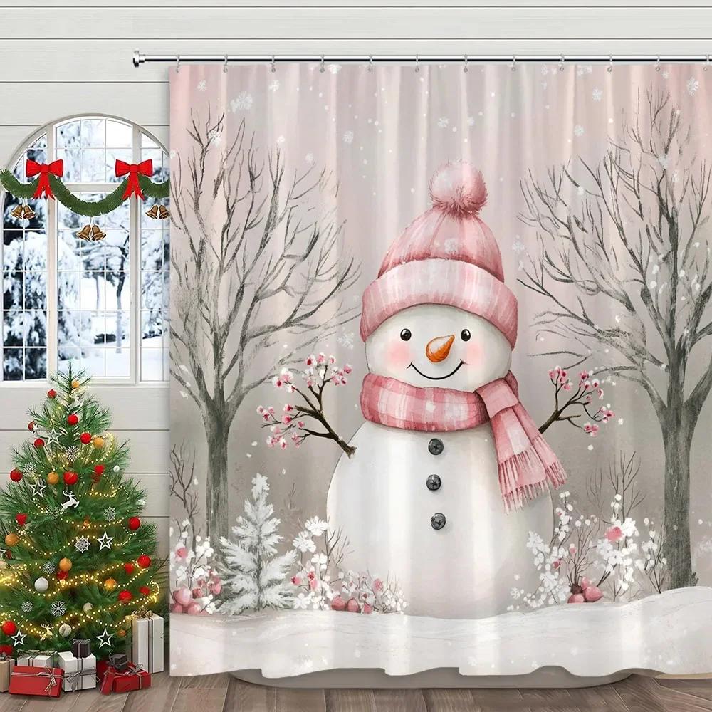 Pink Christmas Printed Shower Curtain Cute Snowman and Christmas Tree Gift Polyester Shower Curtains Bathroom Decor with Hooks