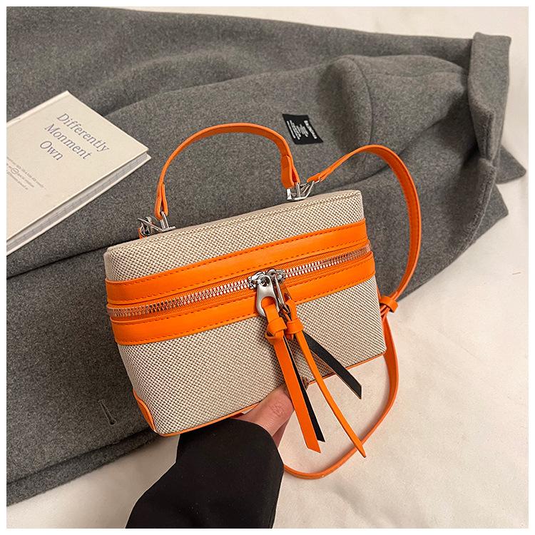 New Color Blocking Box Bag for Women PU Splicing Zipper Handbag Korean Casual Fashion Canvas Shoulder Bag Female CrossBody Bags