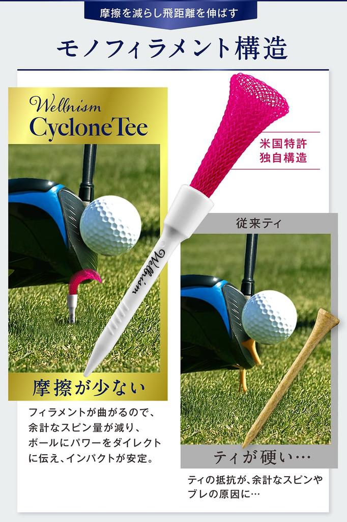 Golf Tees Patented Structure x Maximum Long 80mm Set [Cyclone Tee] Unique Distance 4-Color
