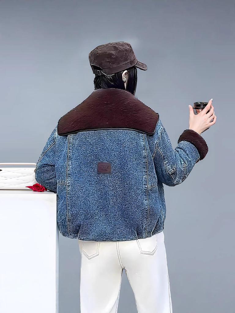 Women's Plus Velvet Cropped Denim Jacket - Winter 2025 Trendy Fashion, Warm & Casual.