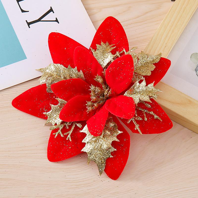 10PCS Poinsettia Christmas Flowers Decoration Artificial Glitter Christmas Tree Ornaments Xmas Party Wreath DIY Garland Decor