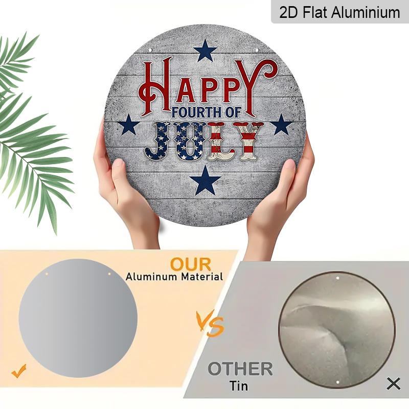 2D Flat, 1pc Round "Happy Fourth of July" Aluminum Hanging Sign, Patriotic USA Flag Star Letter Design, Rustic Wooden Background Metal Wall Decor