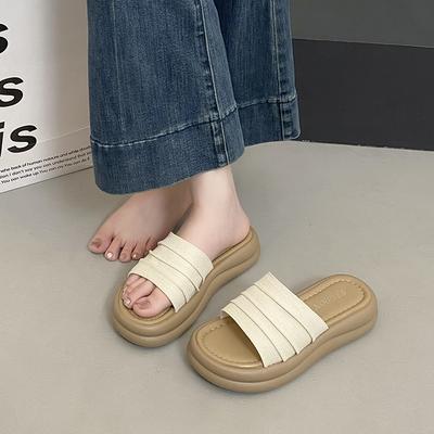Beach Slippers Women's Outer Wear 2025 Summer Korean Version of the New Flat-bottomed Comfortable Open-toe Pleated One-word Cool Slippers Women