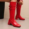 Red Black Women Knee High Boots Round Toe Mid Chunky Heels Small Big Size 32 46