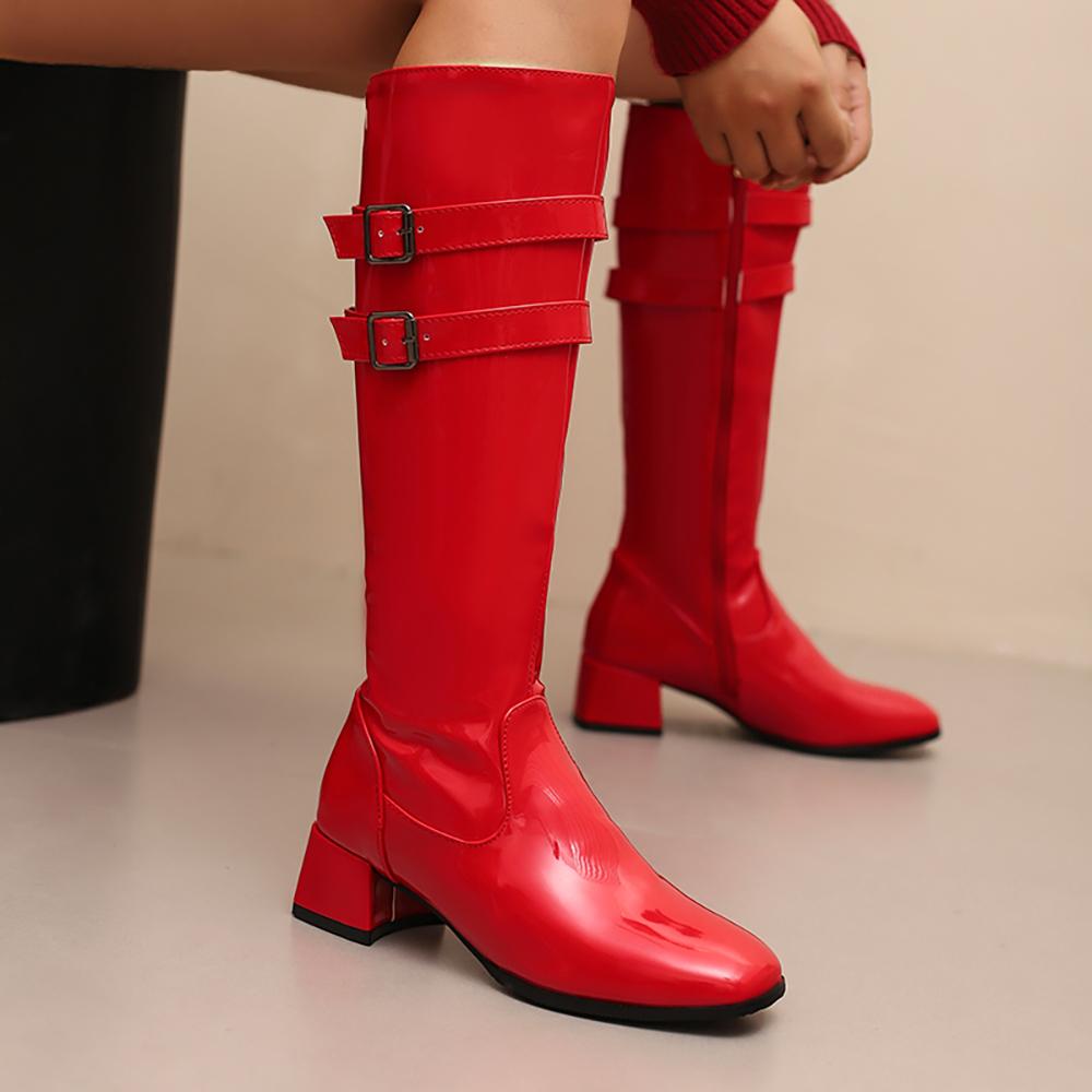 Red Black Women Knee High Boots Round Toe Mid Chunky Heels Small Big Size 32 46