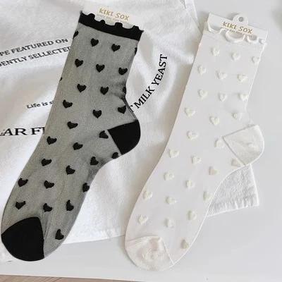 1/2 paia Calzini Neri Trasparenti Donna Estate Elastici Cuore Seta Calza Cristallo Caviglia Pizzo Arricciato Sox Grembiule JK Calzino Corto