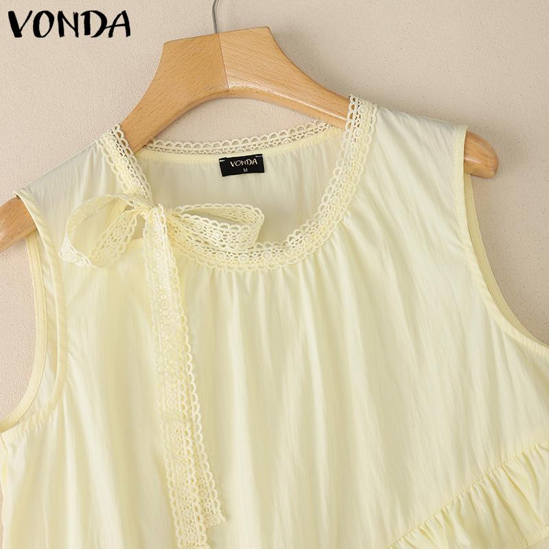 VONDA Women Sleeveless Crochet Tank Tops Casual Ruffled Patchwork Lace Hem Tops