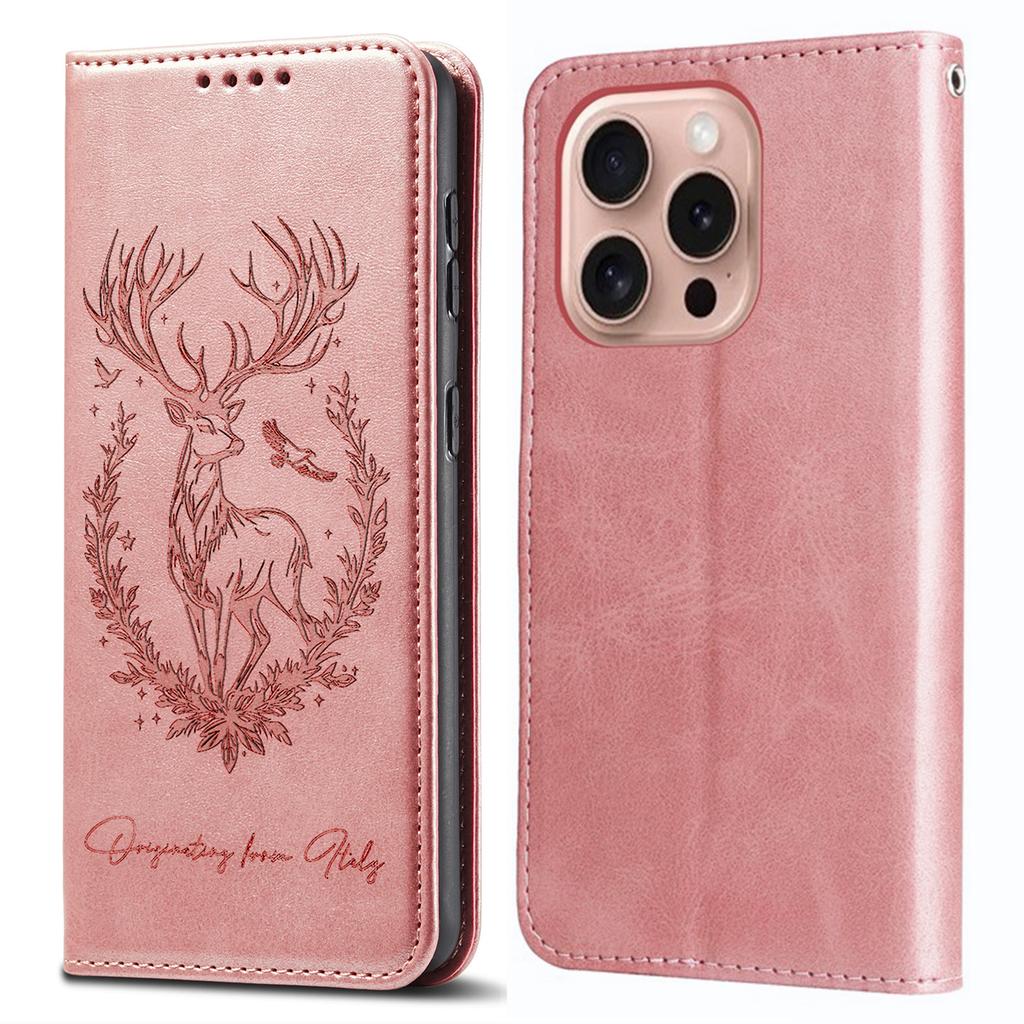 For iPhone 16 Pro Stand Case Lucky Deer Imprinted Magnetic Closure Leather Wallet Phone Cover