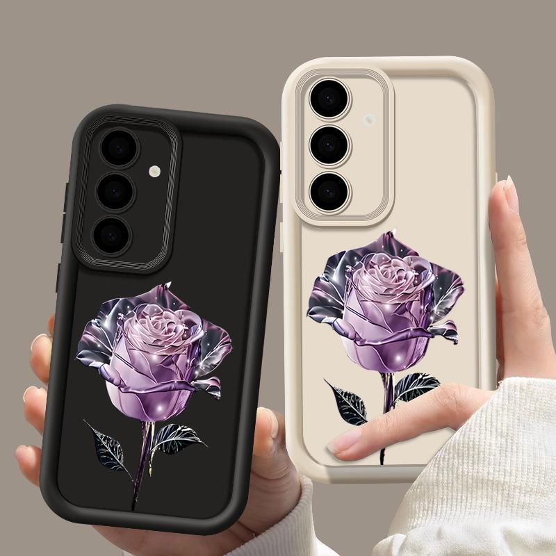 Crystal Rose Floral Print TPU Shockproof Phone Case For Samsung S25 Ultra S24 FE S23 Plus S22 A56 A36 A16 A55 A06 A15 A35 A05 Soft Matte Bumper Cover