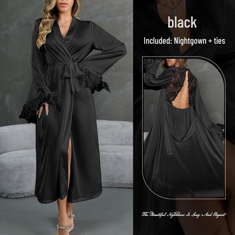 Elegant Satin Feather Cuff Lace-Up Nightgown Robe - Two Colors, Long Style Small