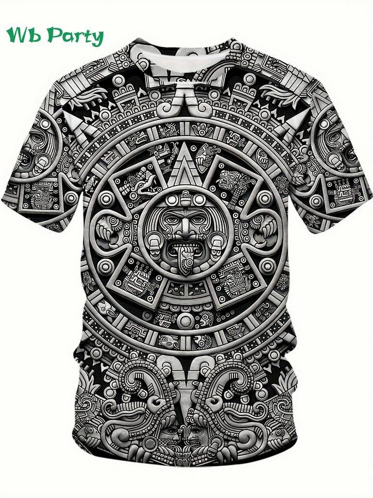 Azteken-Thema Muster 3D Druck T-Shirt Kompressionsshirt Kurzarm T-Shirt Herren Sommer T-Shirts Vintage Druck Herrenkleidung Oberteile