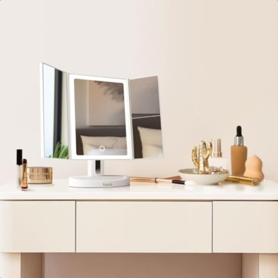 

Светодиодное зеркало для макияжа с подсветкой, перезаряжаемое трехстворчатое зеркало с 5-кратным 10-кратным увеличением, 68 регулируемых естественных светов, сенсорный экран United States