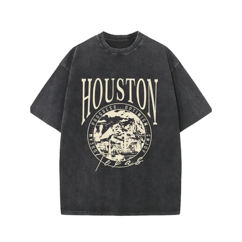 Houston Graphic Cotton T-Shirt for Men - Retro Style, Mountain Landscape Print, Casual Fit, All-Season Wear, Machine Washable
