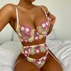 Women's Sexy  Lace Flower Embroidery Underwear Sexy Three-piece Suit With Steel Ring