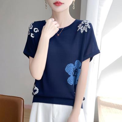 Short-sleeved Knitted Women's Round-neck Loose Jacquard T-shirt Is A Fashionable, Youthful and Versatile Summer New Style