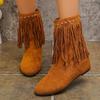 Large Size Wind Round Head Flat Heel Rhinestone Fringed Fashion Boots Autumn and Winter New Mid Tube Outer Women's Boots