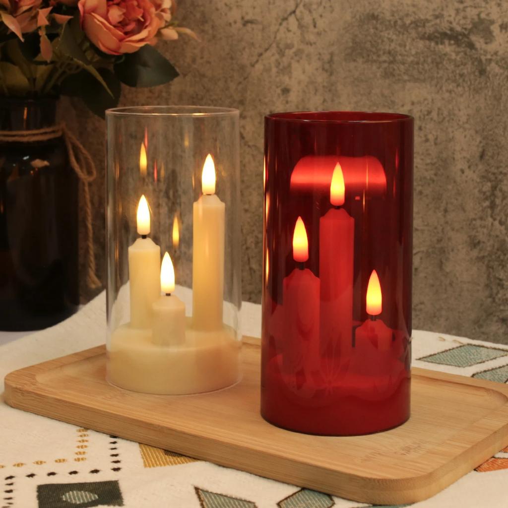 2/3Pc 3 in 1 Flickering Taper Candles Flameless Window Candles 5/8/10CM Tall Lighting with lampshade for Christmas Wedding Decor